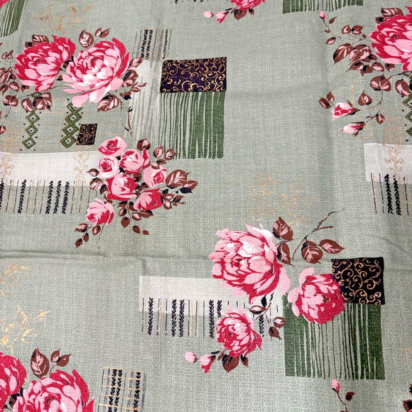 Vintage Mid Century Floral Barkcloth Fabric Green Pink Gold Details Remnants (2) - Picture 4 of 7